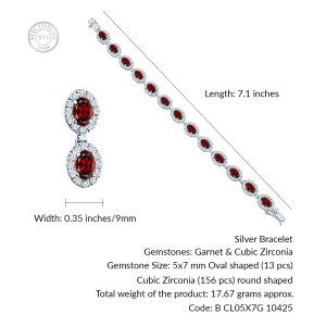 Cluster Silver Bracelet with 5x7mm Oval Garnet Gemstone and small round Cubic Zirconia - Image 3