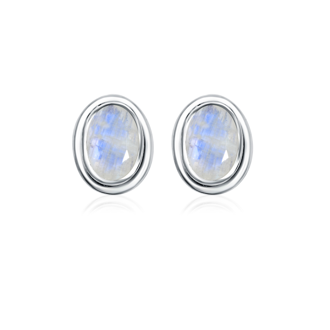 Handmade 925 Sterling Silver Natural Moonstone Oval Stud Earrings - Blue Gemstone