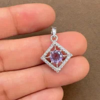 beautifully portraying brazilian amethyst and cubic zirconia together creating square shaped silver pendant