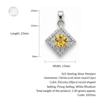 details of square shaped silver pendant with citrine & cubic zirconia