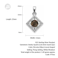 details of square shaped silver pendant with smoky quartz & cubic zirconia